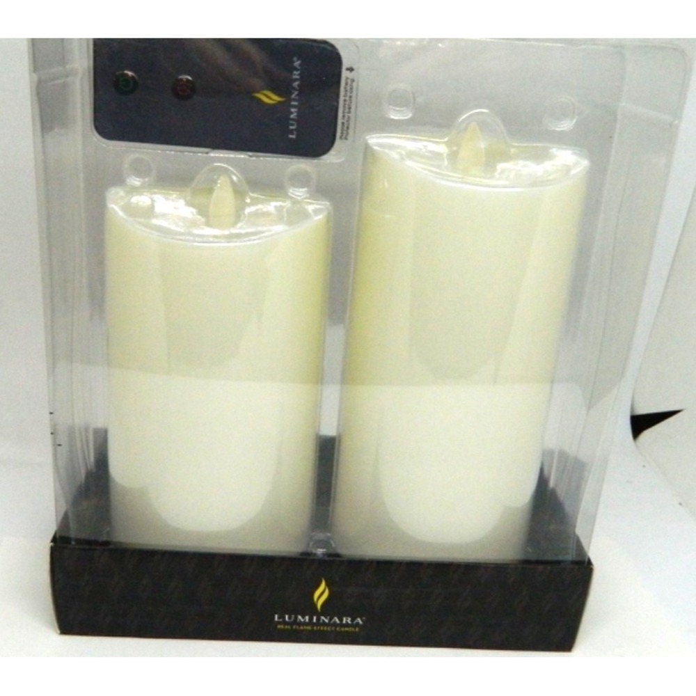Luminara Real Flame-Effect Pillar Candles Set Pair Ivory NIB Sz 3.25 x 5.5/6.5